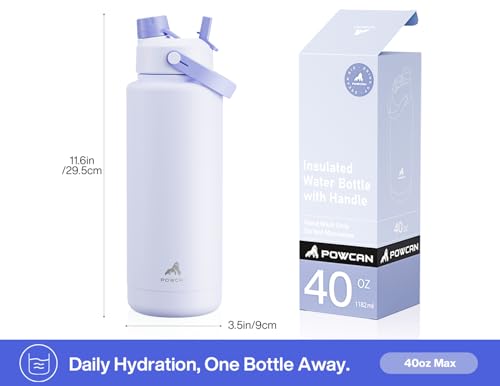 Image of POWCAN 40 oz Insulated Water Bottle with 2-in-1 Straw and Spout Lid, Keep Cold 24H, Leak-Proof, BPA-Free, Double Wall Stainless Steel Water Bottle for Sports, Gym, Travel, and School (Lupine)