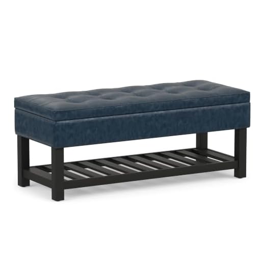 SIMPLIHOME Cosmopolitan 44 inch Wide Transitional Rectangle Storage Ottoman Bench with Open Bottom in Denim Faux Leather, for Living Room, Bedroom