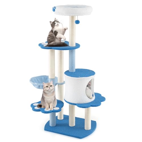 Tangkula Cat Tree Tower, 54 Inch Tall Cat Tree with Cat Condo, Hammock, Dangling Ball, Plush Fabric Top Perch, Cute Cat Tower with Sisal Scratching Post for Indoor Cats Large Adult