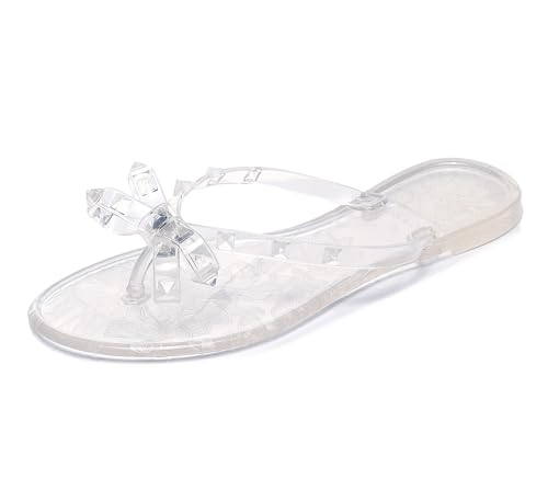 Image of Studded Jelly Shoes for Womens Bow Flip Flops Jellies Sandals Flat Black Summer Beach Thong with Rivets Strappy Slides Slip On