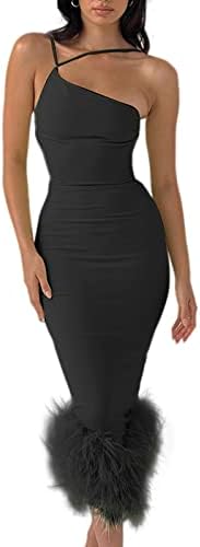 Womens Feather Hem One Shoulder Dress Sleeveless Bodycon Split Long Dress Cocktail Party Outfits Black