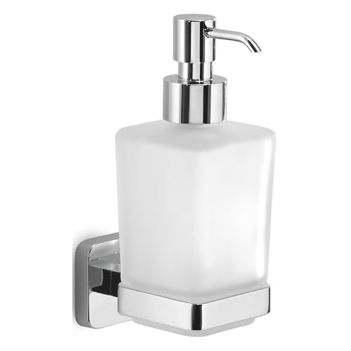 GEDY | Dosasapone Tonga, Dispenser Sapone in Acciaio Inox, Cromall e Vetro Satinato, Fissabile con Viti Incluse o Biadesivo, Cromato, 6,3x11,7x17,3, Capacità 220ml