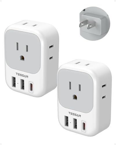 TESSAN 2 Prong to 3 Prong Outlet Adapter 2 Pack US to Japan Plug Adapter with 4 Outlets 3 USB (1 USB C PD 20W) Outlet Adaptor US to Japan China Mexico Philippines Canada Peru Thailand Vietnam