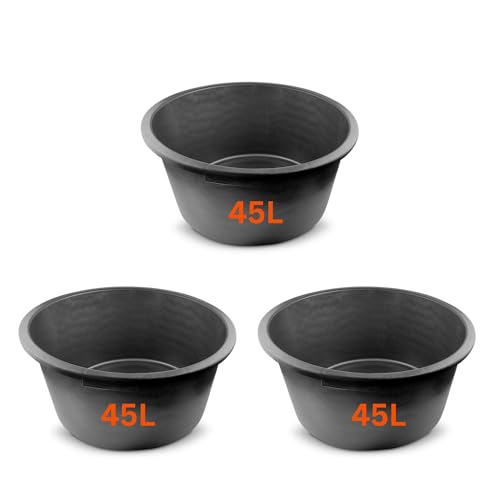Set of 3 Flexi Tubs 45L Black - Sturdy Heavy Duty Large Plastic Buckets with Handles - Builders, Garden, Home Storage Containers. Set by MYPURECORE