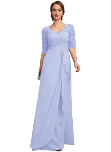 Long Lavender Lace Mother of The Bride Dresses for Women V Neck Ruched Ruffles Chiffon Dress for Mother of The Bride Size 16