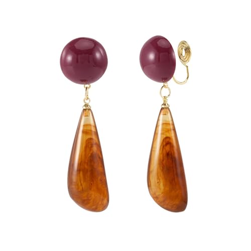 Vintage Brown Teardrop Round Disc Clip On Statement Dangle Drop