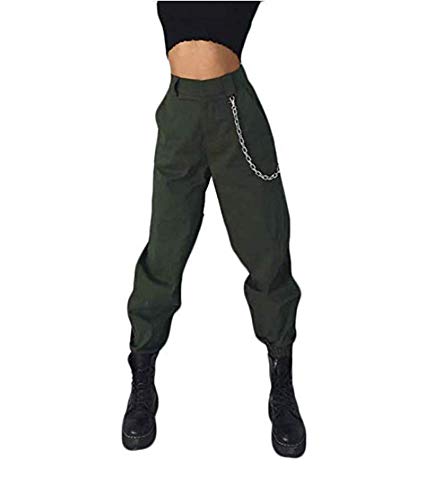 Cathery Women's Jogger Cargo Pants Straight Leg Pants Casual High Waiste Slim Pants with Pockets (Green, L)