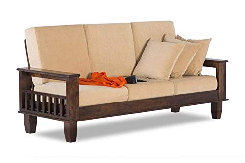 Image of Solid Sheesham Wood 3 Seater Sofa for Living Room with Cushions | X Design Wooden Loveseat Couch for Home, Office & Lounge | Walnut Finish