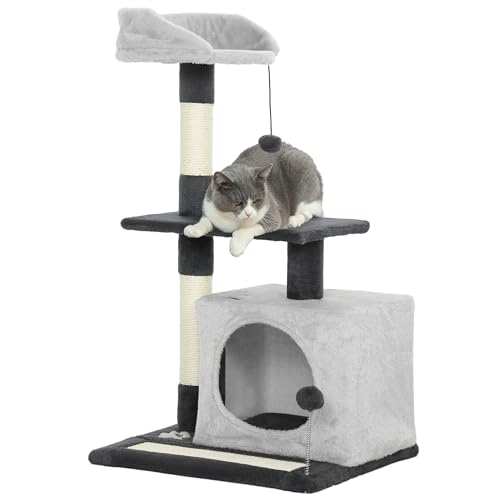 PawHut Albero Tiragraffi per Gatti Alto 85 cm, Torre per Gatti e Gattini con Casetta, Lettino Superiore, Pallina, Pali in Sisal e Tappetino Tiragraffi, Grigio Chiaro
