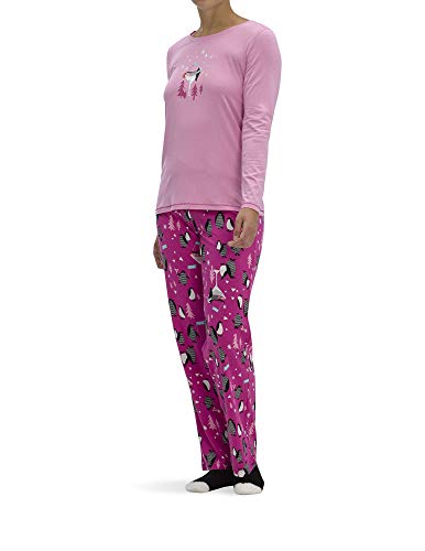 HUE Women's Printed Knit Tee and Pant 3 Piece Pajama Set, Begonia Pink - Party Penguins, Small