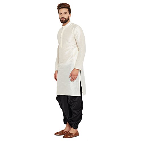 Image of SOJANYA (Since 1958 Men's Off-White and Gold Dupion Silk Dhoti Kurta Set