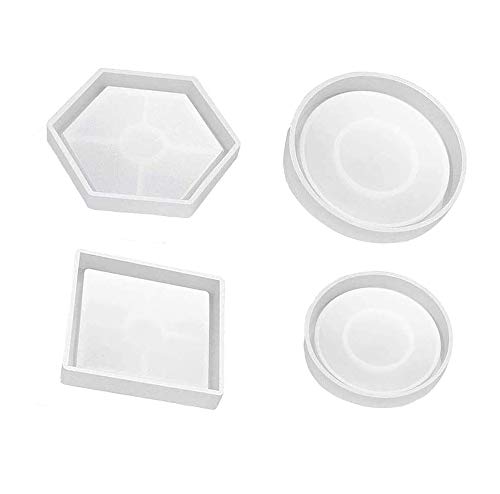 BUYGOO DIY Coaster Silicone Mold, Pack of 4 Resin Molds for Casting Eco-Friendly Sturdy Hexagon Square Round Mold Bottom Bracket for Casting with Resin,Concrete,Cement