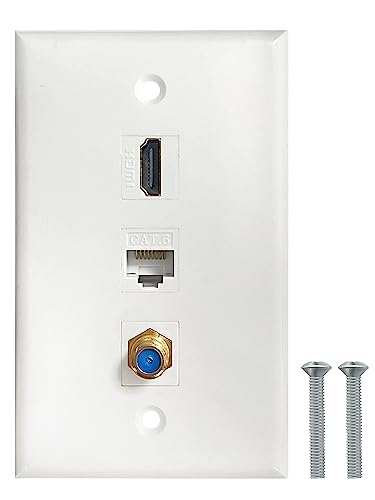 HDMI Coax Ethernet Wall Plate, 1 Port 4K HDMI Keystone, 1 Port Coax Keystone, 1 Port CAT6 Keystone Wall Plate