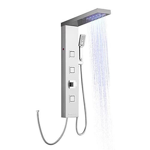 OUGOO Pannello doccia senza rubinetto, colonna doccia a LED, set completo con batteria, doccia a pioggia, ugelli massaggianti quadrati, doccetta e beccuccio per vasca da bagno, acciaio inox spazzolato