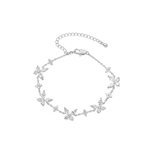 Dainty Gold Silver Bracelet for Women Trendy Non Tarnish 14K Gold Plated Cubic Zirconia Bracelet Simple Butterfly Flower Cubic Zirconia Bracelets Jewelry Gift for Women