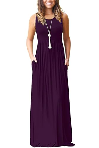 Image of AUSELILY Women's Summer Sleeveless Loose Plain Casual Long Maxi Dresses | Year Round wear solid floral print, Casual daily wear, Empire waist, Floor length, Side pockets New