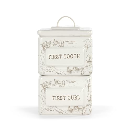Image of DEMDACO Pooh Classic Yellow Bear First Tooth and Curl, Brown and White, 2.5 x 3.5 Inch, Earthenware, Decorative Keepsake Holder Box