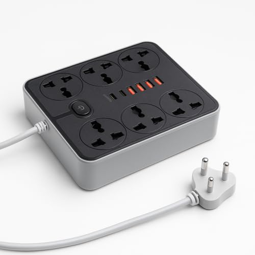 Image of Extension Board, Power Strip with 6 USB Ports and 3 Universal Socket, 2500W 10A Extension Cord, 3-Pin Surge Protector Power Strip for Home, Office, Computer, Mobile Charging (Black-Z67)