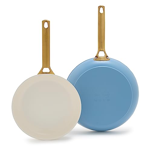 GreenPan Reserve Hard Anodized Healthy Ceramic Nonstick 10 and 12 Frying Pan Skillet Set, Gold Handle, PFAS-Free, Dishwasher Safe, Oven Safe, Sky Blue