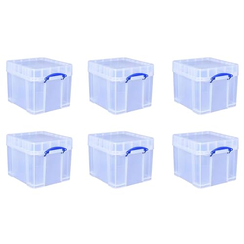 Really Useful Box 35 Liters Transparent Storage Container with Snap Lid and Clip Lock Handle for Lidded Home and Item Storage Bin, 6 Pack