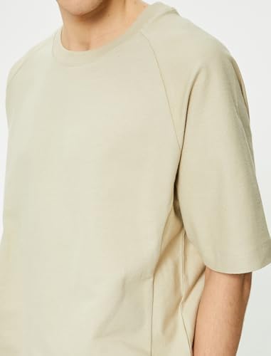 Koton Erkek Bisiklet Yaka Tişört Dikiş Detaylı Düşük Omuzlu Bej (057) XL - Görsel 4