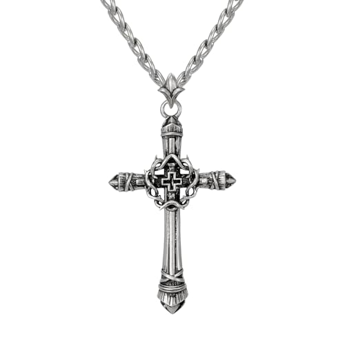 NORBU Designer Oxidized Sterling Silver Cross Necklace for Men, Vintage Chunky Big Cross Pendant, Meaningful Christian Religious Gifts for Fathers Day | Birthday | Christmas