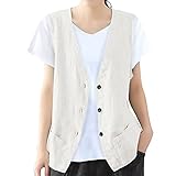 Chalecos De Mujer De Vestir, Womens Vests Fashion Sleeveless Button Down Cotton Linen Top Vests Summer Loose V Neck Blazer Jacket Elegant V Neck Vests Outerwear(B Beige,Medium)