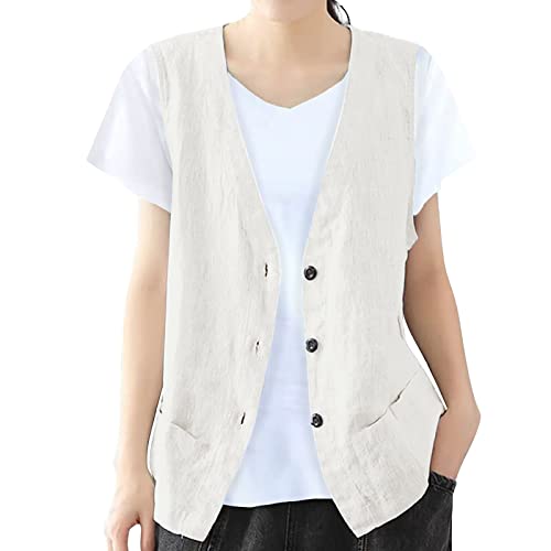 Womens Vest 2023 Summer Cotton Linen Vest Top Vintage Casual Sleeveless Button Down Jacket Loose Vests Outerwear