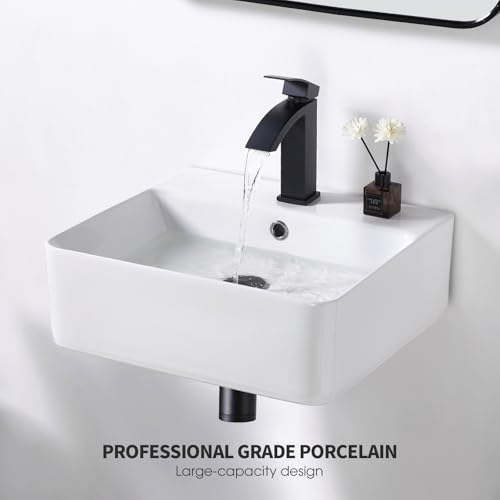 NOHALIPY 18.1 x 16.5 inch Modern White Rectangle Wall Mounted Bathroom Sink, Mini Floating Bathroom Vessel Sinks, Small Porcelain Corner Wall Mount Sink for Rvs, Restroom, Toilet - Thumbnail 3