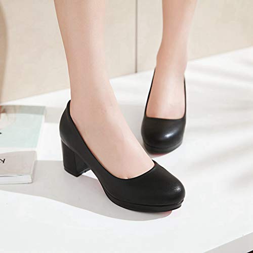 MIOKE Women's Round Toe Chunky Mid Heel Pumps Slip-On Platform Comfort Casual Formal Work Office Shoes3