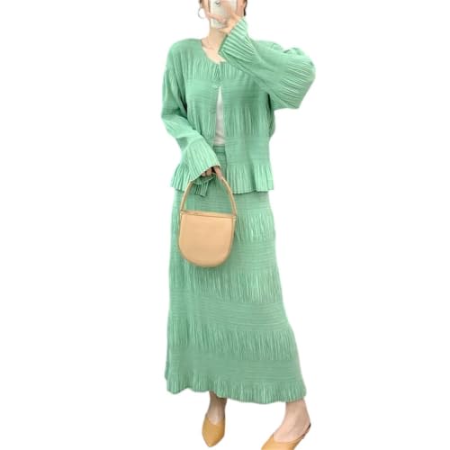 Women Handmade Pleated Cardigan and Long Skirt Set with Artistic