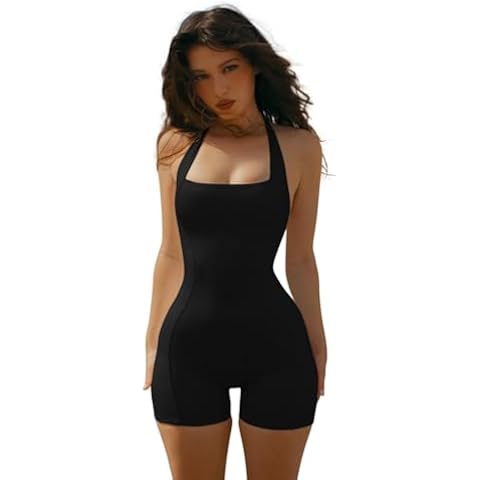 Salimdy Womens Halter Sleeveless Bodycon Romper Stretchy Square Neck Sexy Unitard Jumpsuit Black Cover