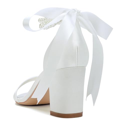 Wome's Open Toe Pearl Wedding Shoes High Heels,Satin Block Heel Ankle Strap Wedding Sandals,Chunky Heel Bridal Shoes Pumps2