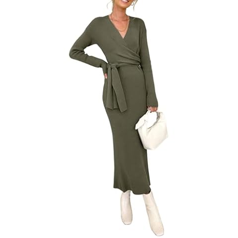 Happy Sailed Fall Winter Sweaters Dresses for Women 2025 Long Sleeve Knit V Neck Ribbed Wrap Midi Dress Green Small Cover