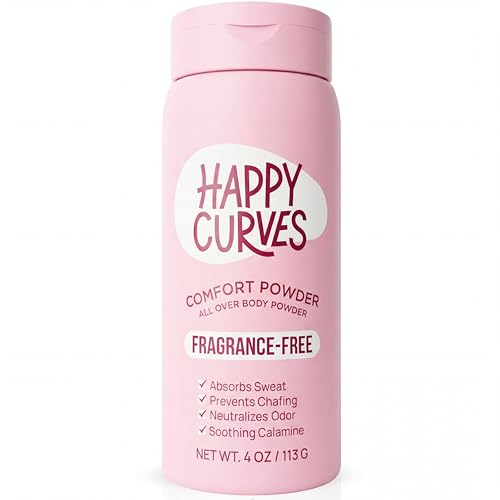 Image of HAPPY CURVES Comfort Powder: Talc Free Anti Chafe Body & Foot Dusting Powder Deodorant to Control Inner Thigh Chafing, Private Areas, and All Over Body for Women (4 Ounce (Pack of 1), Fragrance-Free)