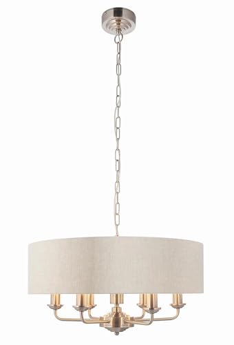 CELESTE Decorative Pendant Ceiling Light - Brushed Chrome 3 Way Multi Arm Pendant with Natural Coloured Fabric Shade - Height Adjustable Indoor Dimmable Light