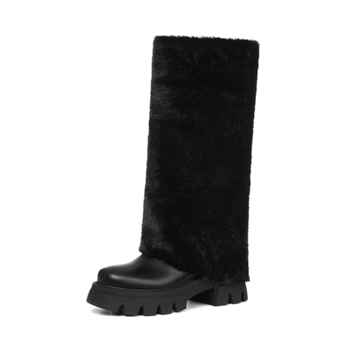 Knee High Heel Faux Fur Boots for Women Round Toe Chunky Platform Lug Sole Pull On Fashion Warm Winter Furry Tall Boots