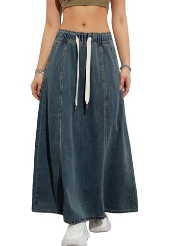 loveimgs Women Elastic High Waist Long Denim Skirt Jean Skirt Cargo Flare A Line Maxi Dress Western Skirt Pocket