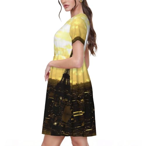 Robe à manches courtes d'été fluide style Tour Eiffel pour femme avec poches intégrées - 2