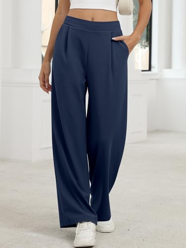 ANRABESS Womens Pants Wide Leg Waffle Knit Casual Stretchy Work Dress Pants 2026 Pull on Business Slacks Trousers Outfits X-Large Navy Blue — view 2
