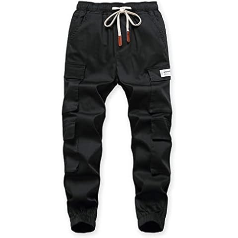 TLAENSON Boys Cargo Pants Cotton Casual Pants Drawstring Loose Jogging Bottoms Elastic Cuffed Cargo Joggers Black 13-14 Years Cover