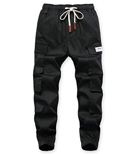 Tlaenson Boys Cargo Pants Cotton Casual Pants Drawstring Loose Jogging Bottoms Elastic Cuffed Cargo Joggers Black 12-13 Years #TOP10