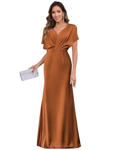 Long Satin Mother of The Bride Dresses for Wedding V-Neck Ruffles Sleeves Formal Dresses for Women
