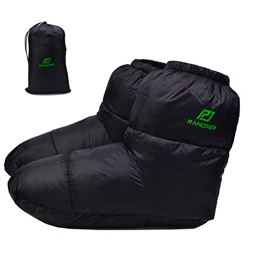 RANDDER Down Booties Warm Socks for Men & Women - Ultralight Sleeping Sock for Camp, Backpacking - Soft & Cozy Camping Sleeping Bag Tent Down Slippers Foot Warmer(Black/Medium)