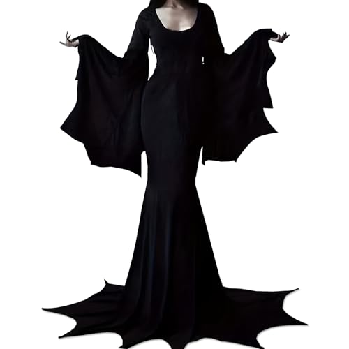 YOGFIT Costumes for Morticia Long Black Gothic Bat Sleeve Dress Halloween Cosplay Costumes for Women