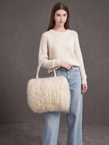 Image of Women Luxury Real Lamb /Mongolian Flush Wool Fur With Genuine Leather Handles Handbag