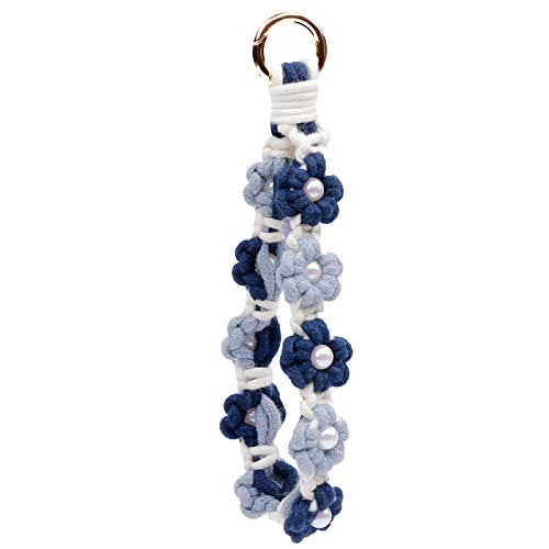 elephtree Boho Macrame Keychain Wristlet Keychain Weave Exquisite Keyring Holder Bracelet Handmade Wrist Lanyard for Women (Blue flower with pearl)