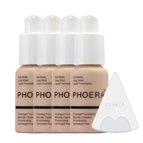 Glamza Phoera Foundation Make-up-Set mit vollständiger Abdeckung, 24 Stunden lang anhaltende Ölkontrolle, weich, glatt, Concealer-Creme, 4 Stück 30 ml Foundation & Silikon-Mixer-Schwamm (102 Nude) Cover