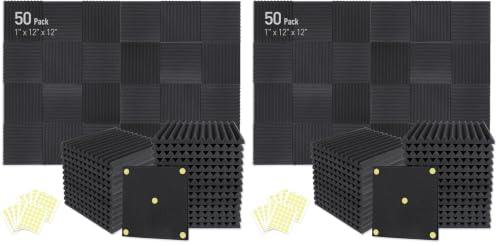 Image of Focusound 100 Pack Acoustic Foam Panels 1 inch x 12 inch x 12 inch Sound Proof Foam Panles Soundproofing Noise Cancelling Wedge Panels for Home Office Recoding Studio with 300PCS Double-Side Adhesive