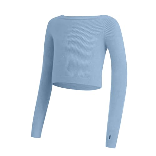 Girls Ballet Sweater, Soft Warm Up Active Sweaters, Ribbed Knit Pullover Dance Sweater Tops for Leotards 5-16 Years Blue